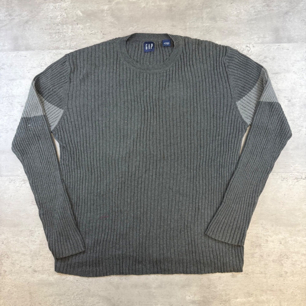 Gap Mens XL Grey Ribbed Knit Crew Neck Cotton Sweater Contrast Elbows